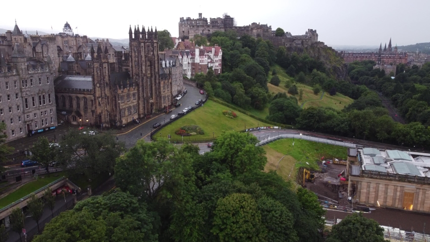 Drone footage of beautiful old streets and Holyrood Park in Edinburgh. Shooting in the early morning before sunrise.