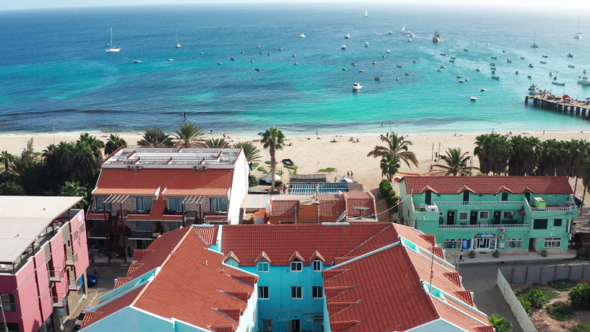 Unveiling the tropical beach and ocean in Santa Maria, Sal Island - Cape Verde.
Scenic drone view of the panorama. Royalty-Free Stock Footage #1096961681