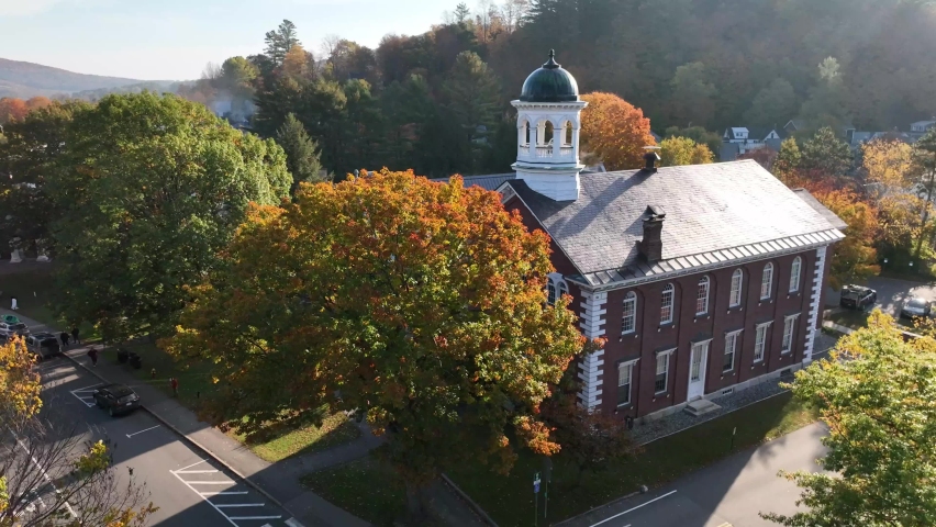 new england low aerial of courthouse in woodstock vermont