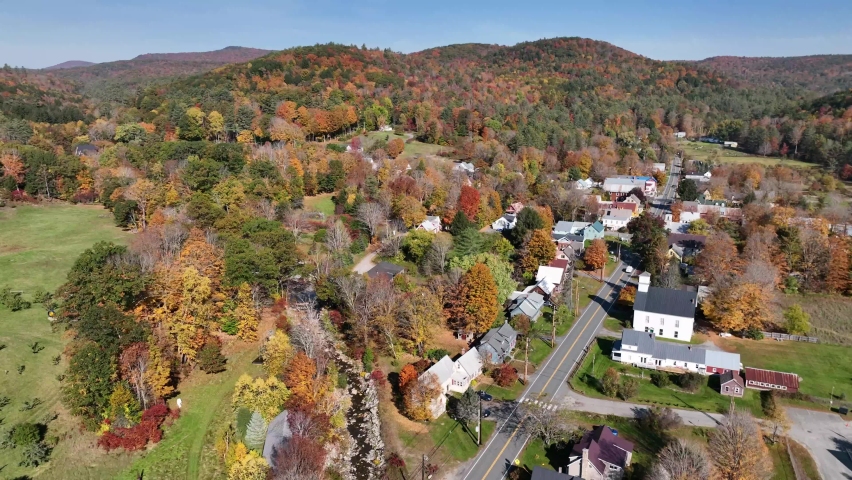 new england autumn aerial push in over reading vermont