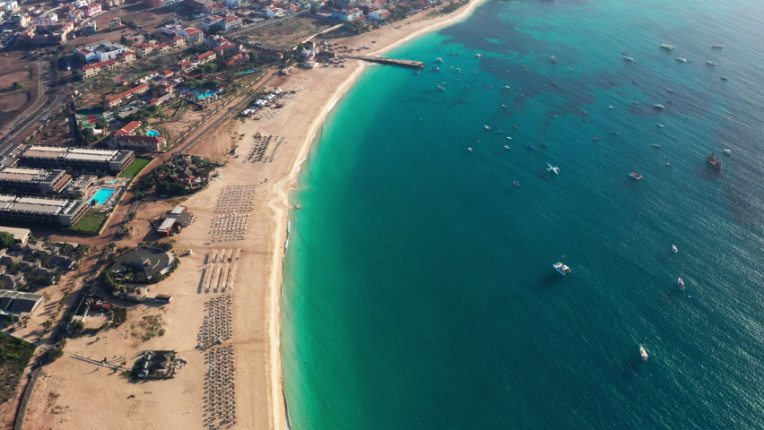 High drone view of tropical Sal Island, unveiling Santa Maria, Cape Verde.