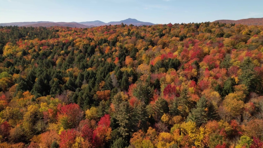 new england mount mansfield aerial reveal with brilliant fall color, think it's mount mansfield in vermont