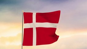 Flag of Denmark Waving in the wind, Beautiful Sky Background, Slow Motion, Realistic Animation, FHD Slow-Motion.