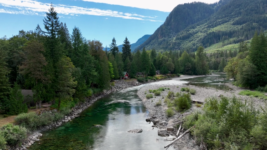 Drone view of the Skykomish river flowing through Baring, Washington. Royalty-Free Stock Footage #1096968987