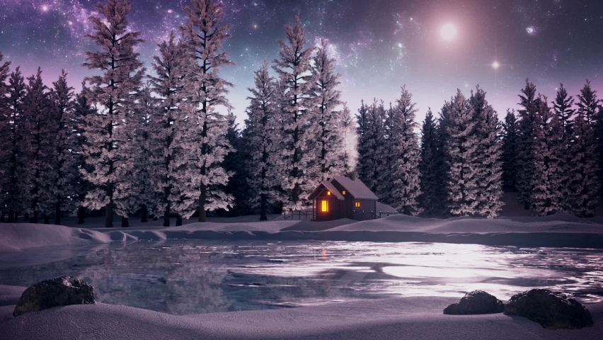 The Wooden House in the Snowy Forest at Night - Loop Mountains Landscape Nature Background Royalty-Free Stock Footage #1096969617