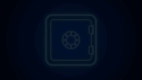 Glowing neon line Safe icon isolated on black background. The door safe a bank vault with a combination lock. Reliable Data Protection. 4K Video motion graphic animation.