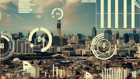 Business data analytic interface fly over smart city showing alteration future of business intelligence. Computer software and artificial intelligence are used to analyze big data for strategic plan . - Powered by Shutterstock - Get 15% off with code: PIKWIZARD15