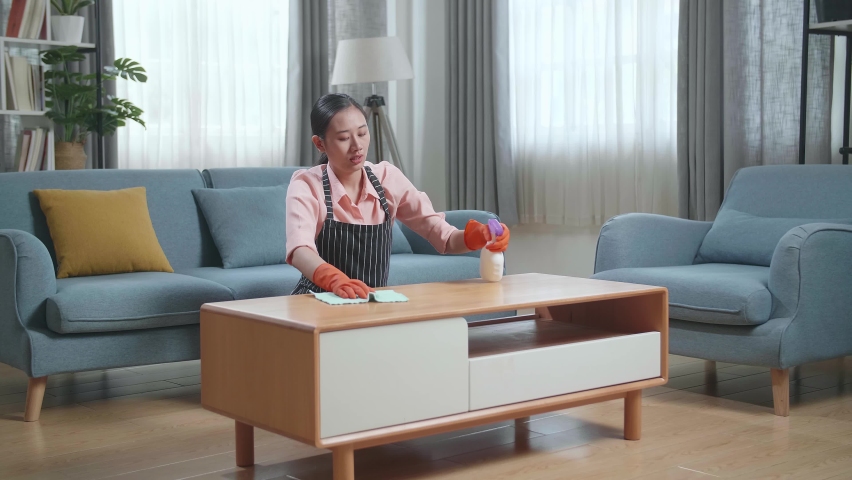 Upset Asian Female Housekeeper With An Apron Crying While Cleaning The Table By The Spray At Home
 | Shutterstock HD Video #1096979221