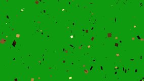 Golden Confetti falls on a green screen. Golden Confetti falls with key color. Chroma key, 4K video