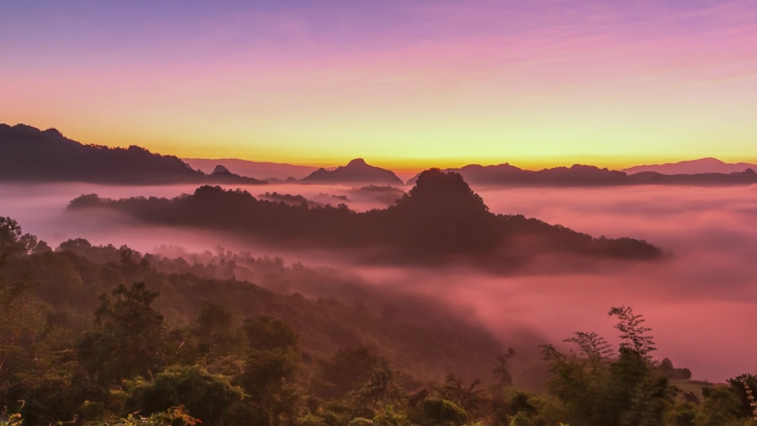 Ban Jabo Viewpoint Sunrise and Mist Over Valley Landmark Nature Travel Places Of Mae Hong Son,Thailand Royalty-Free Stock Footage #1096994909