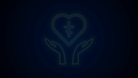 Glowing neon line Religious cross in the heart inside icon isolated on black background. Love of God, Catholic and Christian symbol. People pray. 4K Video motion graphic animation.