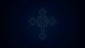 Glowing neon line Christian cross icon isolated on black background. Church cross. 4K Video motion graphic animation.