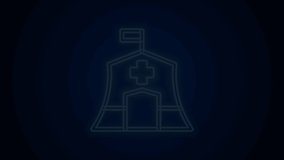 Glowing neon line Emergency medical tent icon isolated on black background. Provide disaster relief. 4K Video motion graphic animation.