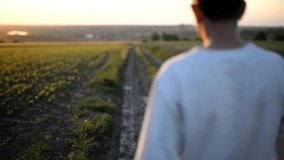 A man dressed in white out of focus walks barefoot on a knurled road through a field. View from the back. background. Video.