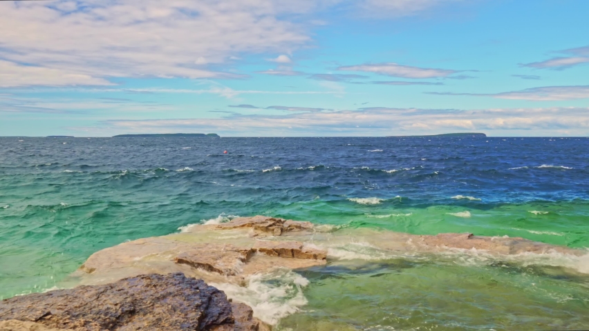 The Indian Head Cove in The Bruce Peninsula National Park, Ontario, Canada near The Grotto, Bruce trail, Georgian Bay Trail and Cyprus lake at Tobermory tourist attractions. Canadian staycation. Royalty-Free Stock Footage #1097011433