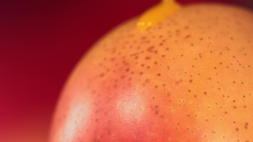 Drop of Mango Juice flows down the surface of a ripe juicy King Mango. Slow Motion Royalty-Free Stock Footage #1097014305