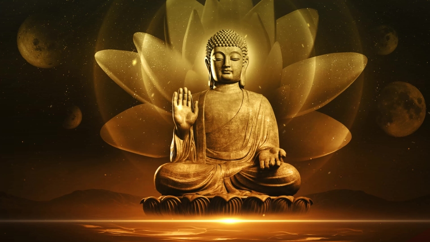 3D illustration Buddha sat in a lotus flower floating on the water surface on a golden background and shining light. Royalty-Free Stock Footage #1097014669