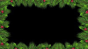 4K animation Design New Year and Christmas tree leaves with Christmas Black Backdrop Template Rotating frame template design Rotating realistic pine tree fresh branches with Christmas Decorations