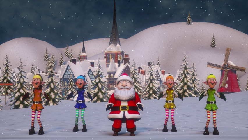 Funny Santa Claus and Elfs are dancing in the Christmas winter forest near Christmas village with Fireworks.. It is snowing. The concept of Christmas and New Year dance video animation. Seamless Loop. Royalty-Free Stock Footage #1097018995