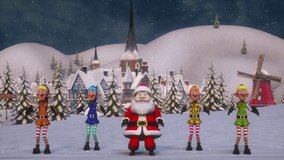 Funny Santa Claus and Elfs are dancing in the Christmas winter forest near Christmas village with Fireworks.. It is snowing. The concept of Christmas and New Year dance video animation. Seamless Loop.