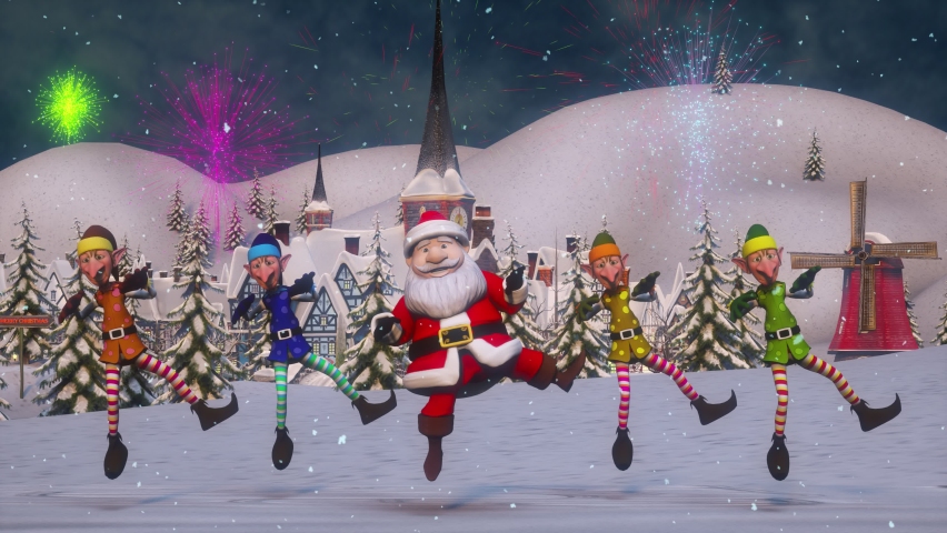 Funny Santa Claus and Elfs are dancing in the Christmas winter forest near Christmas village with Fireworks.. It is snowing. The concept of Christmas and New Year dance video animation. Seamless Loop. | Shutterstock HD Video #1097018995