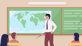 Animated study world illustration. Geography educator with students. High school. Looped flat color 2D cartoon characters animation video in HD with school interior on transparent background