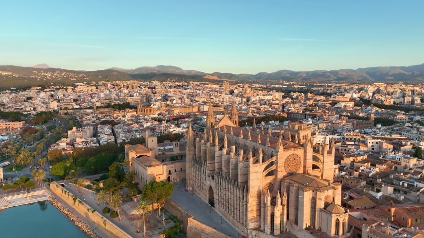 Aerial view of Palma de Mallorca cityscape. Cathedral La Seu of Santa Maria Royal Palace of La Almudaina. Balearic Islands. Spain