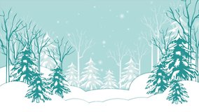 Christmas selling card with animated nature background. Snowfall in the cartoon vector pine forest. Elegant animated holiday season social post digital card 5k+ video
