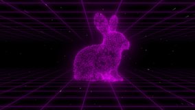 Futuristic glowing low polygonal rabbit.The symbol of the Chinese New Year 2023. Low-poly design of interconnected lines and dots.The rabbit rotates in space in stars on retro grid surface, sc-fi 80s - Powered by Shutterstock - Get 15% off with code: PIKWIZARD15