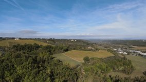 Drone flight over a Tuscany fields at the autumn morning. Tuscany, Italy. Countryside aerial view