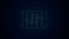 Glowing neon line Sound mixer controller icon isolated on black background. Dj equipment slider buttons. Mixing console. 4K Video motion graphic animation.