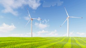 3840x2160. Windmills. Renewable energy, green tech. Powerful wind turbine farm for energy production on beautiful blue sky at scenic green hills. 3D Animation.