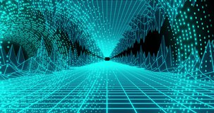 Animation of flashing green lights pattern and digital tunnel on black background. Abstract background and digital interface concept digitally generated video.