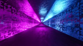 3D Abstract Scene, Futuristic Concept World, Fluorescence Tunnel With Bright Neon Lights, Digital Cyber Futurism, Sci-Fi Techno Style In Animation Background. 4K Moving Loop, Cycled Seamless Render