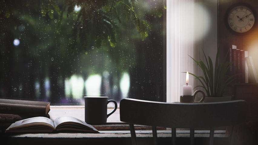 Rain falling on the window, flowing raindrops, candles, the comfortable sound of rain ASMR, books, cozy cafes and study rooms
 Royalty-Free Stock Footage #1097056743