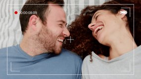 Camera selfie, love and couple on bed in bedroom recording video for future memory together. Digital screen, frame and romantic man and woman vlogging for social media, online lifestyle or web post. - Powered by Shutterstock - Get 15% off with code: PIKWIZARD15