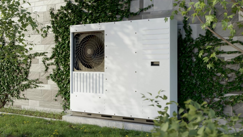 A heat pump against a wall covered with ivy. 3d render showing renewable energy sources. | Shutterstock HD Video #1097060733