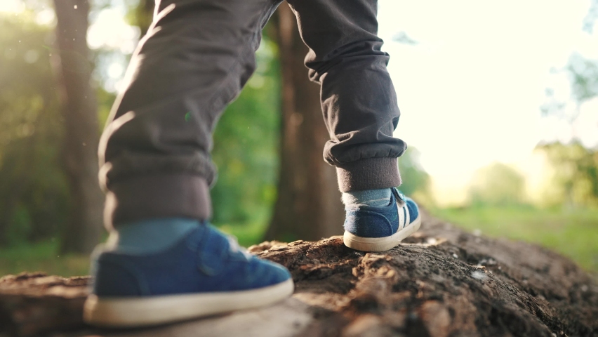 baby boy playing in the forest park. close-up child feet walking on a fallen tree log. happy family kid dream concept. a child in sneakers walks on a fallen tree in park lifestyle Royalty-Free Stock Footage #1097066719