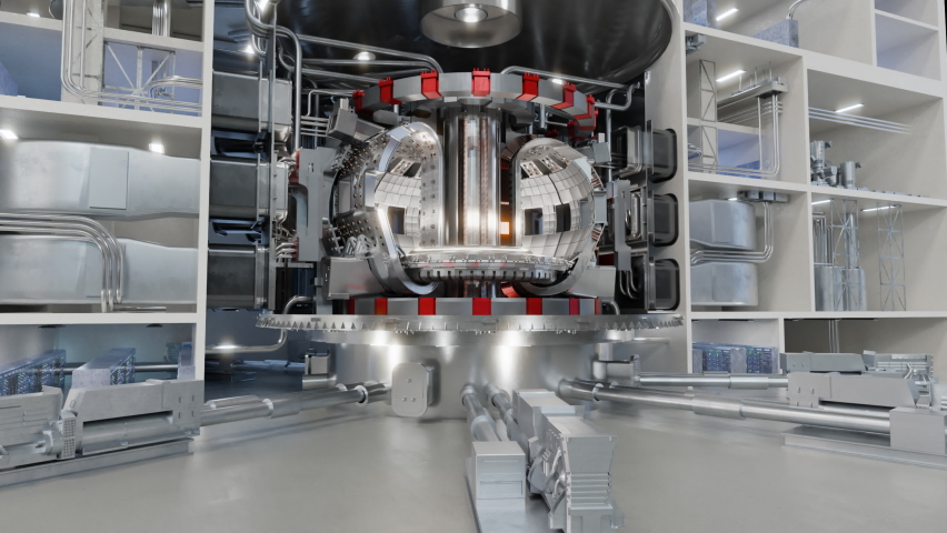 ITER Tokamak fusion reactor with internal communications and plasma inside Royalty-Free Stock Footage #1097068445