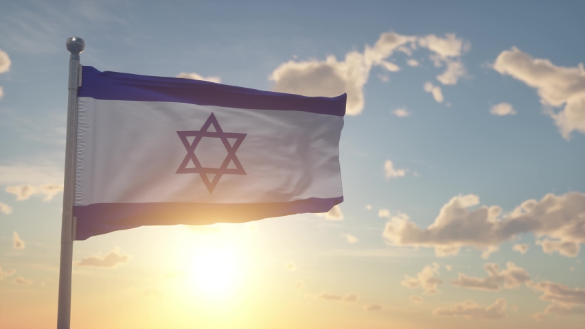 Israel flag on pole waving in the wind sky background. The national flag of Israel