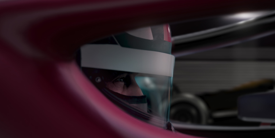 ECU Portrait of sports car driver in protective helmet racing on a speedway. Fast speed, motorsport Royalty-Free Stock Footage #1097076009