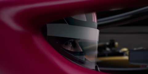 ECU Portrait of sports car driver in protective helmet racing on a speedway. Fast speed, motorsport - Βίντεο στοκ