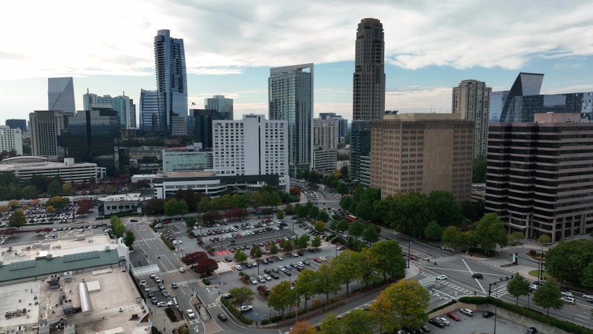 Buckhead area of Atlanta Georgia. Aerial establishing shot of hotels and upscale shopping area.