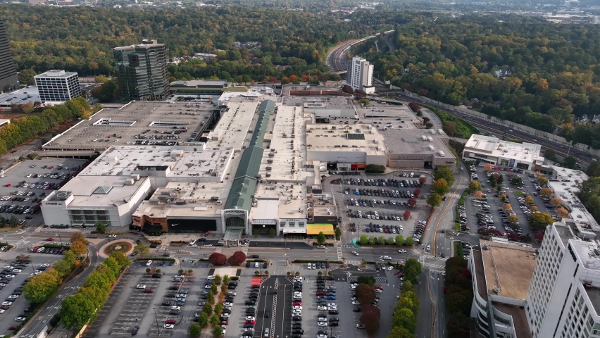 Lenox Square shopping mall in upscale Buckhead area of Atlanta Georgia. Consumer spending, holiday shopping theme. Aerial view.