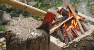 The axe hammered into the log. High quality video 6k 4:2:2 10bit downscale 4k