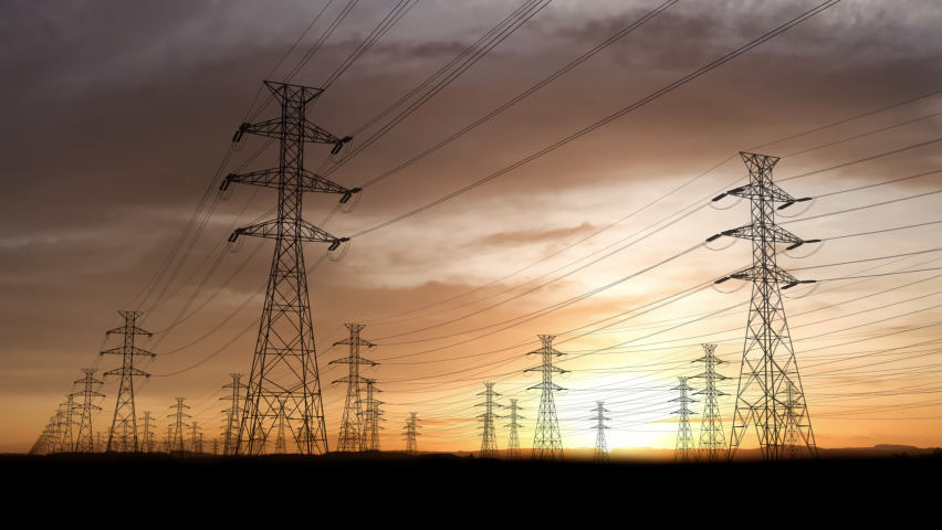 High voltage Electric Power Transmission Lines at sunset. Seamless Loop in 4k resolution, ProRes 4444 codec, 30 FPS. Royalty-Free Stock Footage #1097080827