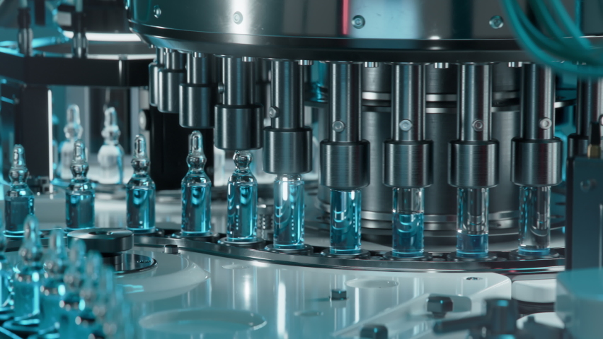 Medical Ampoule Production Line at Modern Pharmaceutical Factory. Glass Ampoules are being Filled. Medication Manufacturing Process.