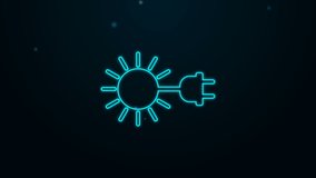 Glowing neon line Sun with electric plug icon isolated on black background. Energy saving concept. 4K Video motion graphic animation.