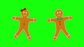 4k Gingerbread Cookies Icons Isolated on Green Chroma Screen  Christmas Decorations. Dancing Gingerbread man and woman cookies. Male and Female Christmas Characters. Sweet biscuits Candy for New Year.