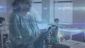 Animation of network of connections over teacher with diverse schoolchildren in classroom. Global education and digital interface concept digitally generated video. - Powered by Shutterstock - Get 15% off with code: PIKWIZARD15